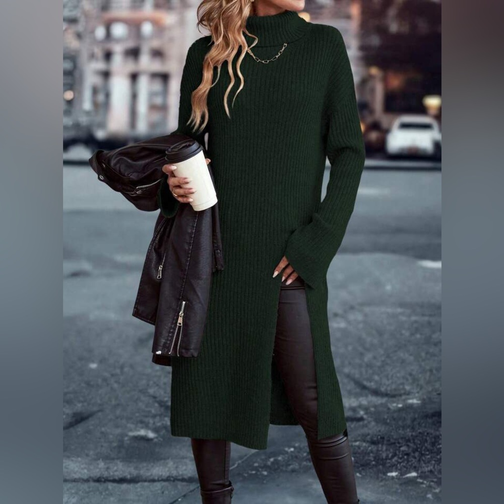 Women's Solid Color High Neck Split Hem Ribbed Knit Sweater - Picture 3 of 8